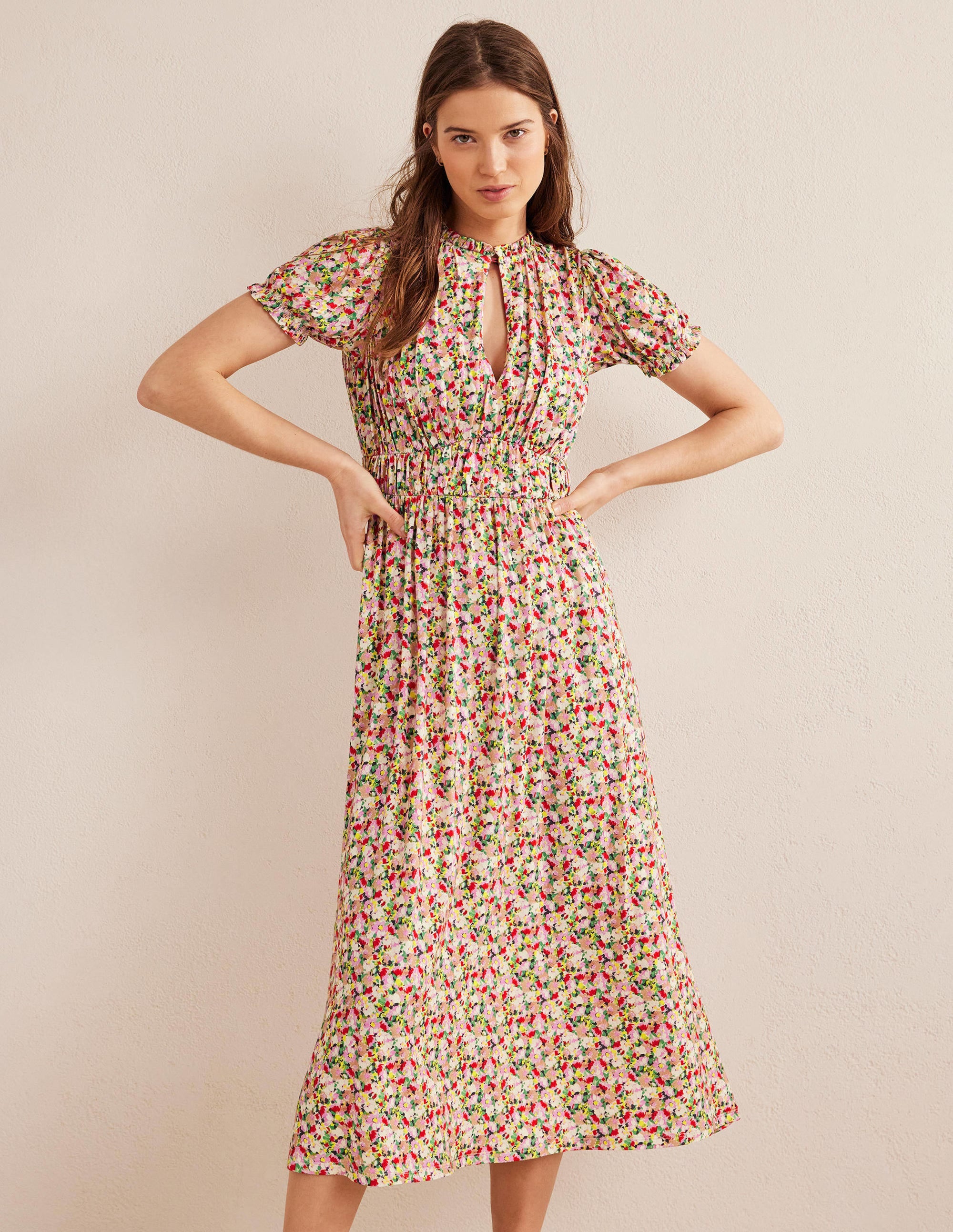 Rosanna Midi-Teekleid aus Jersey-Bunt, Gemaltes Blumenmuster - Image 1