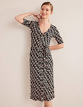 Robe midi boutonnée sur le devant en jersey-Noir, motif Passion Stamp