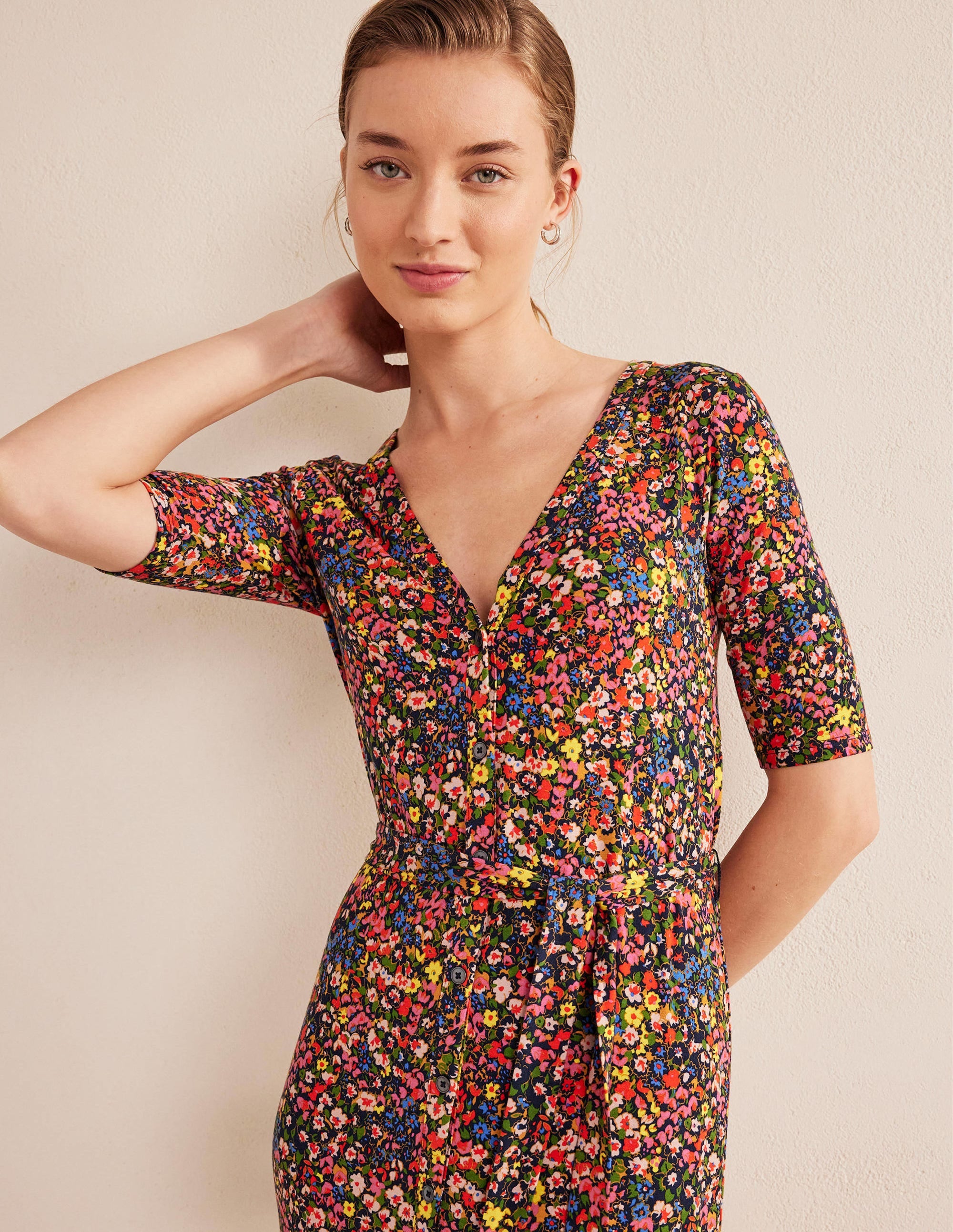 Robe midi boutonnée sur le devant en jersey-Multi, motif Gardenia Petal - Image 2