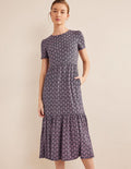 Robe midi Emma en jersey à volants-Bleu marine foncé, motif Paisley Heart
