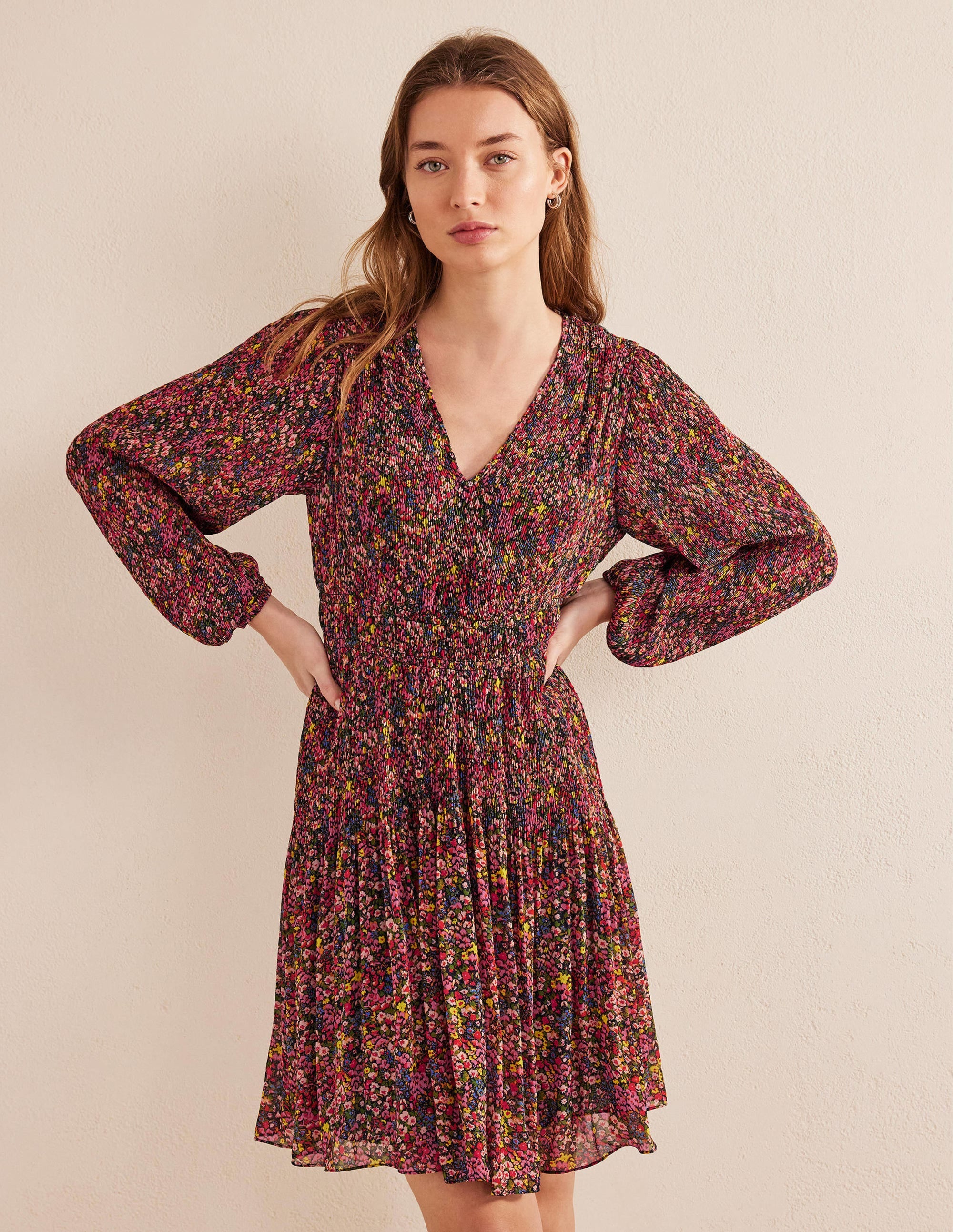 V-neck Plisse Mini Dress-Multi, Gardenia Petal - Image 1