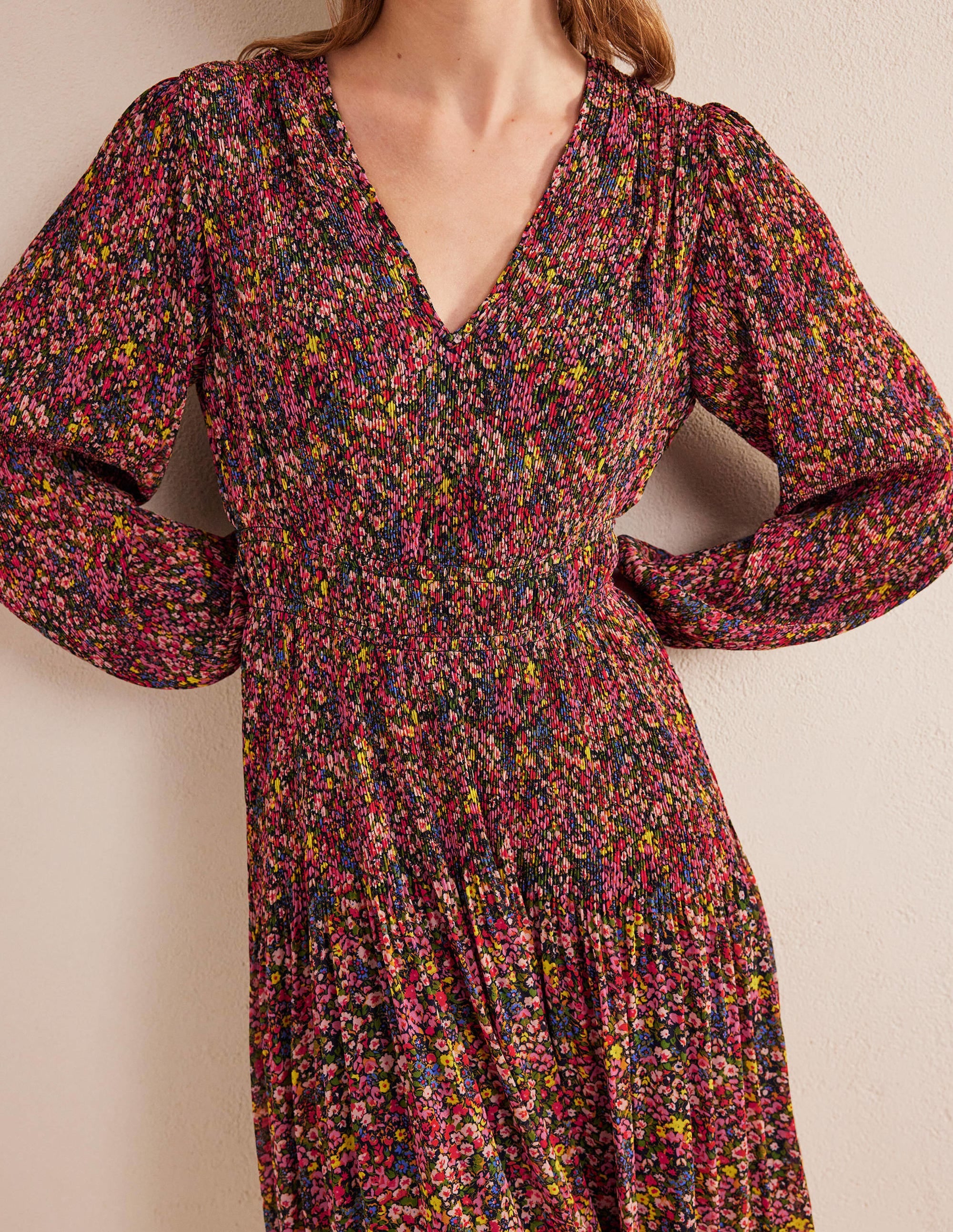 V-neck Plisse Mini Dress-Multi, Gardenia Petal - Image 2