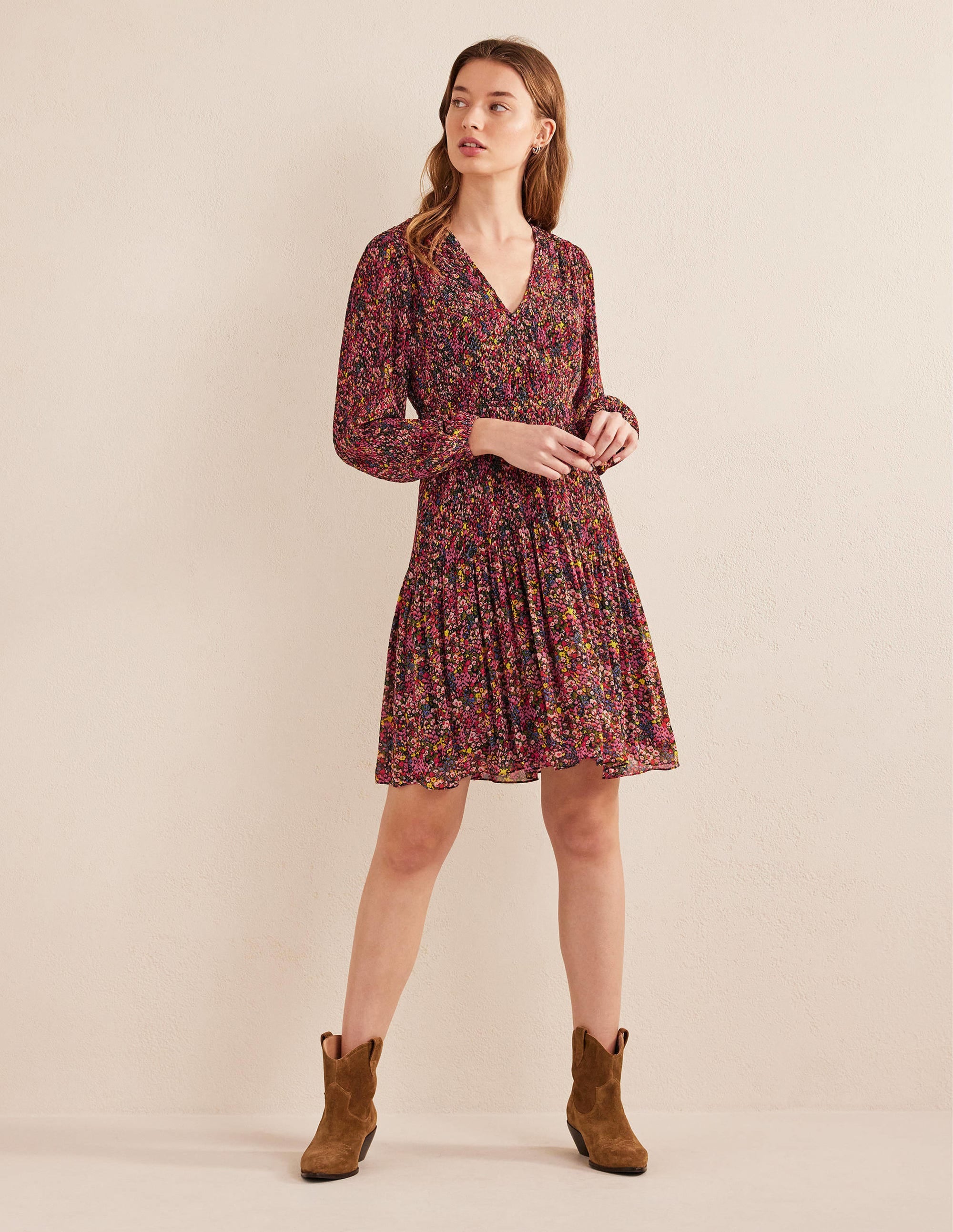 V-neck Plisse Mini Dress-Multi, Gardenia Petal - Image 4