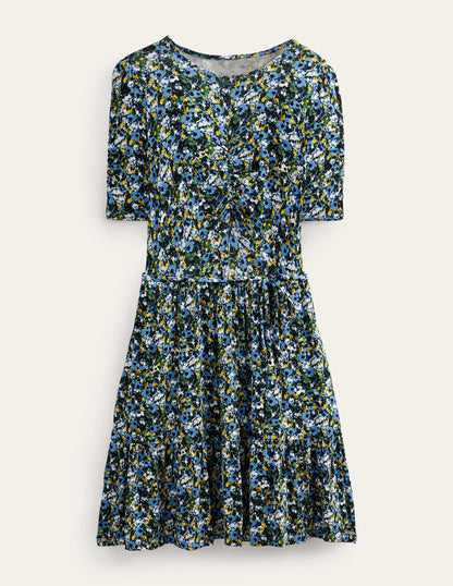 Jersey-Stufenkleid mit Rundhalsausschnitt-Flachsblau, Gemaltes Blumenmuster-5
