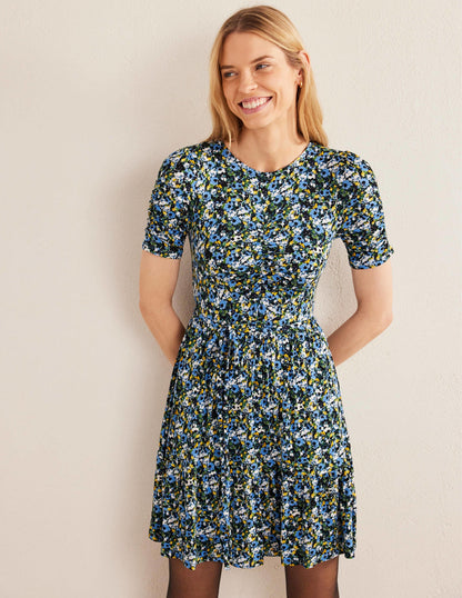 Jersey-Stufenkleid mit Rundhalsausschnitt-Flachsblau, Gemaltes Blumenmuster-1