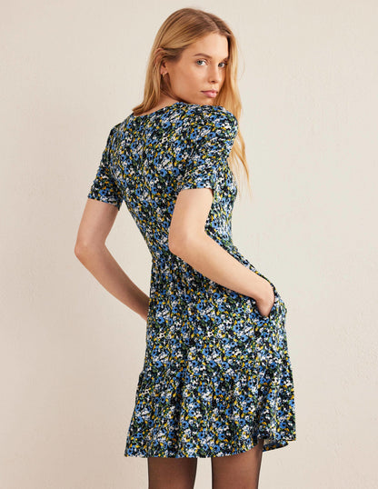 Jersey-Stufenkleid mit Rundhalsausschnitt-Flachsblau, Gemaltes Blumenmuster-3