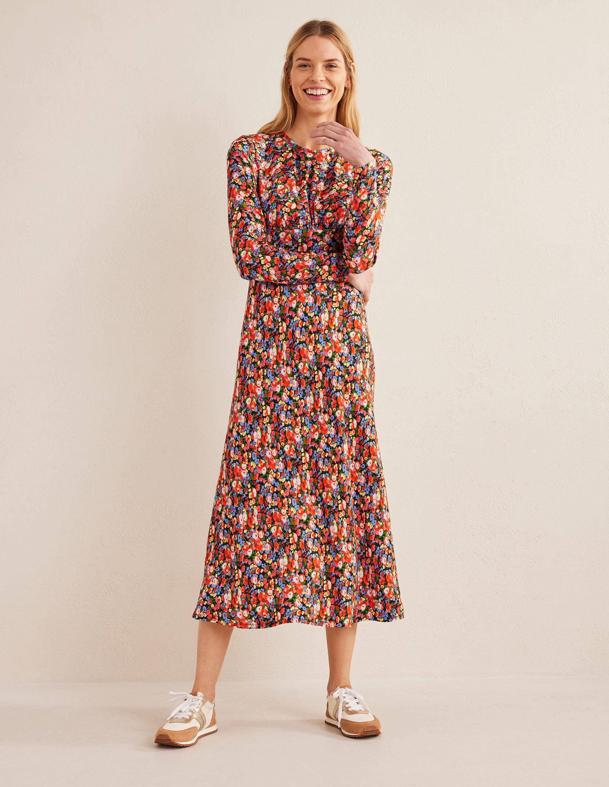 Robe midi style 40s à col rond-Multi, motif Peony Pop - Image 1