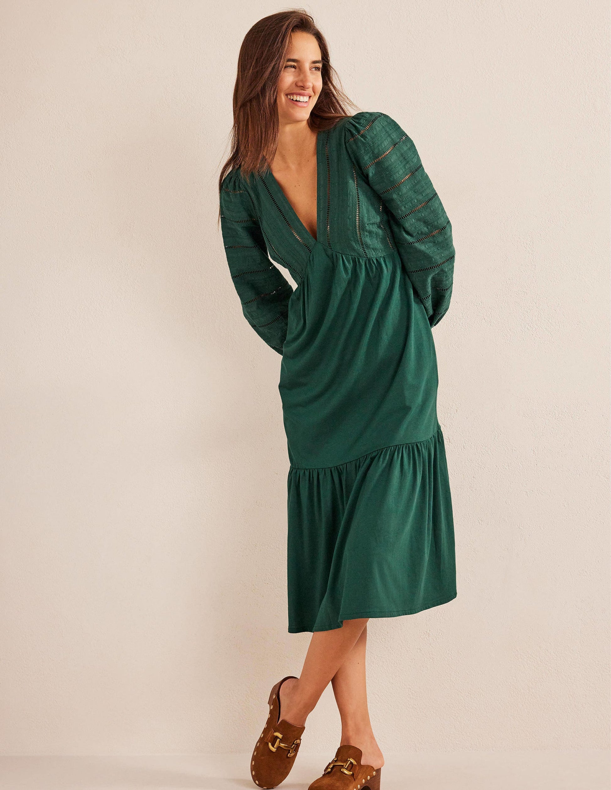 Midikleid aus einer Webmischung-Dunkles Smaragdgrün-1