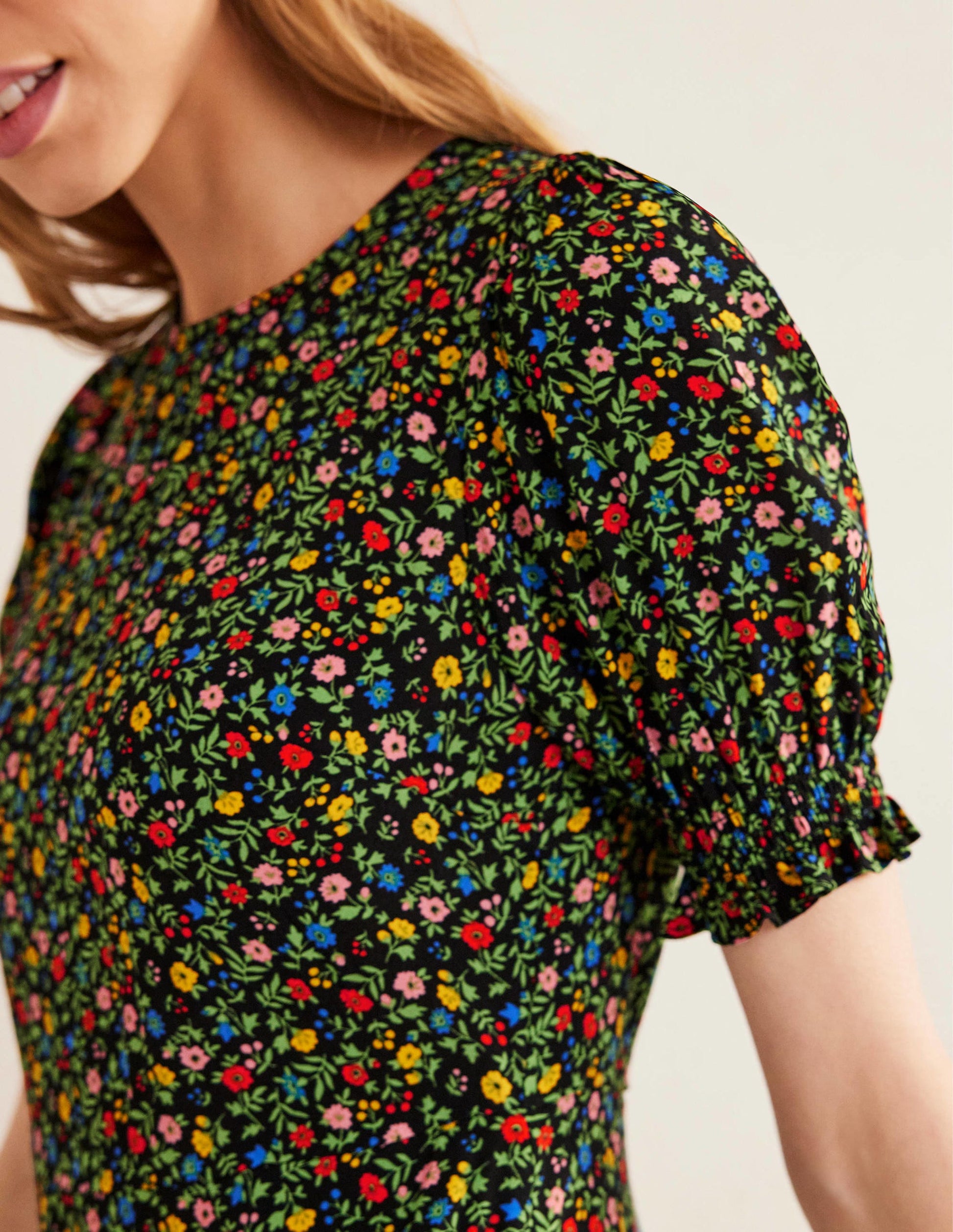 Robe midi style 40s Corinne-Noir, motif Petal Foliage-2