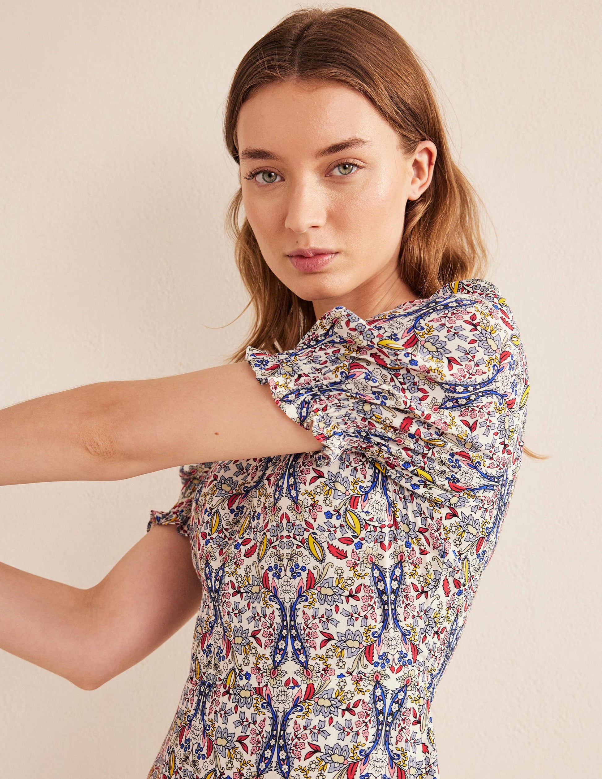 Corinne Midi-Teekleid-Naturweiß, Exotische Blätter-2