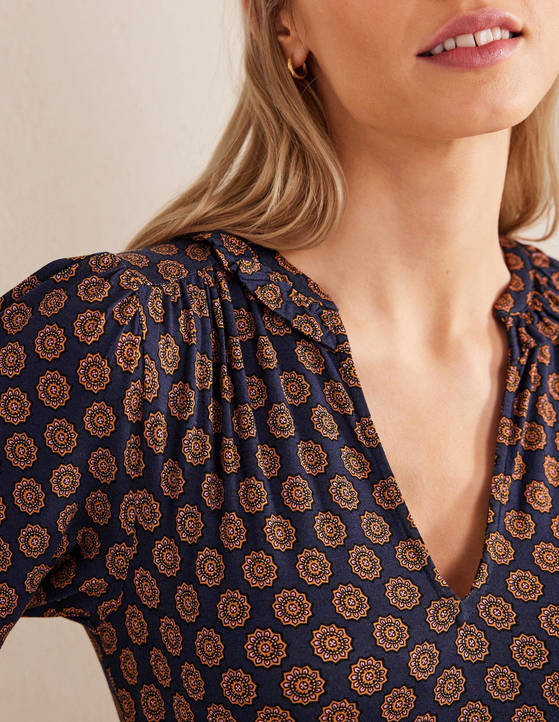 Notch Neck Jersey Dress-French Navy,  Sunflower Geo-2