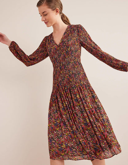 Plissee-Midikleid mit V-Ausschnitt-Bunt, Gardenienblüten-1