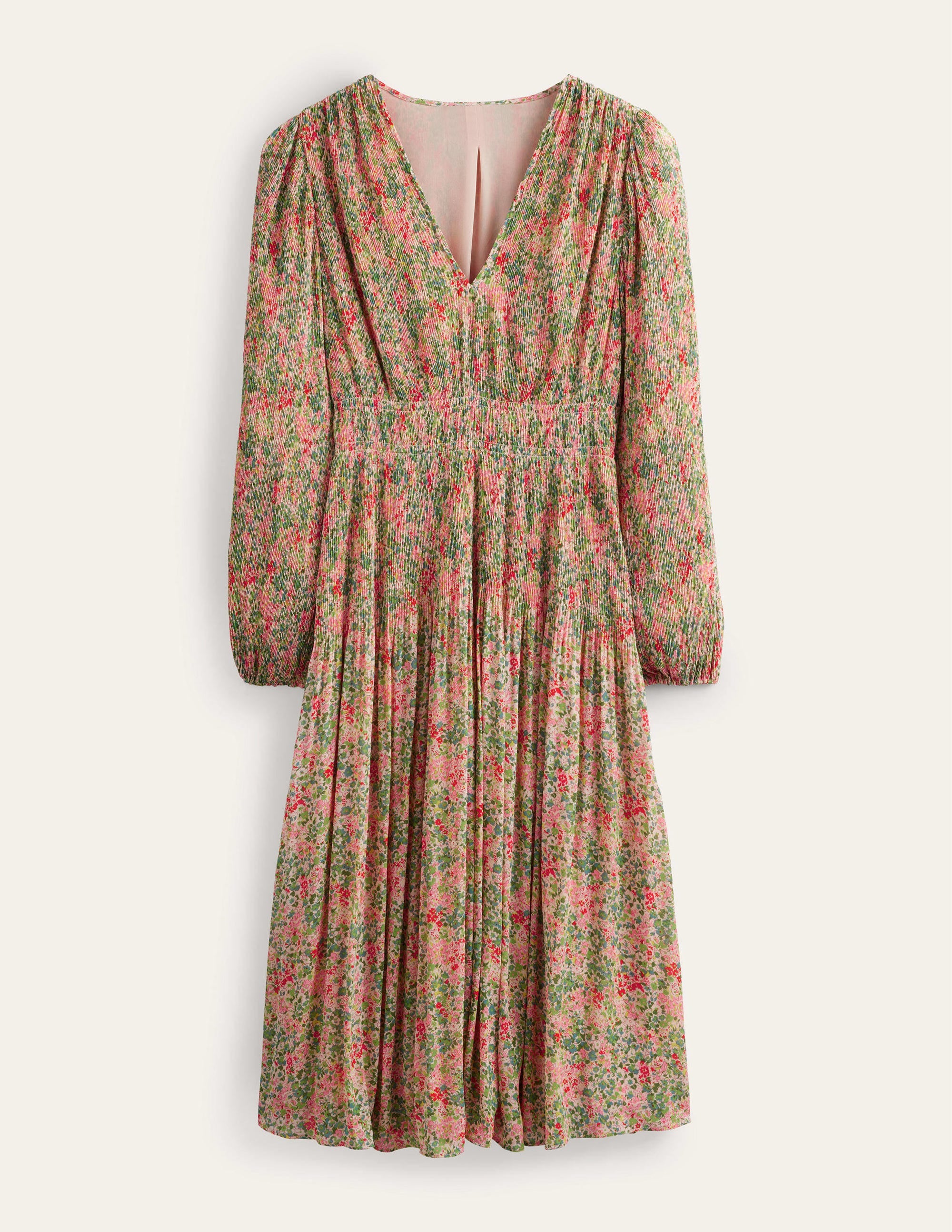 V-neck Plisse Midi Dress-Popcorn, Gardenia Petal - Image 9