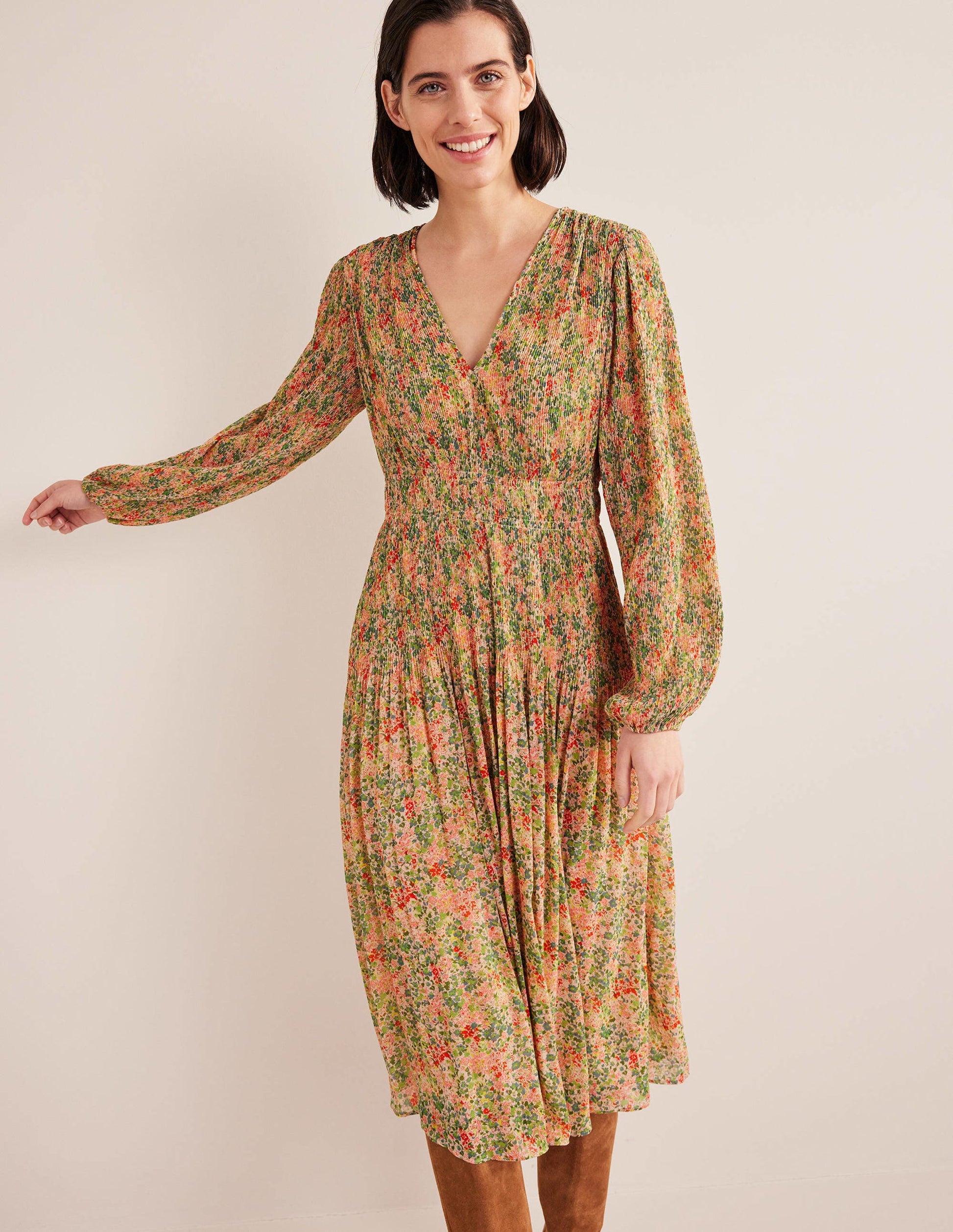 V-neck Plisse Midi Dress-Popcorn, Gardenia Petal-1