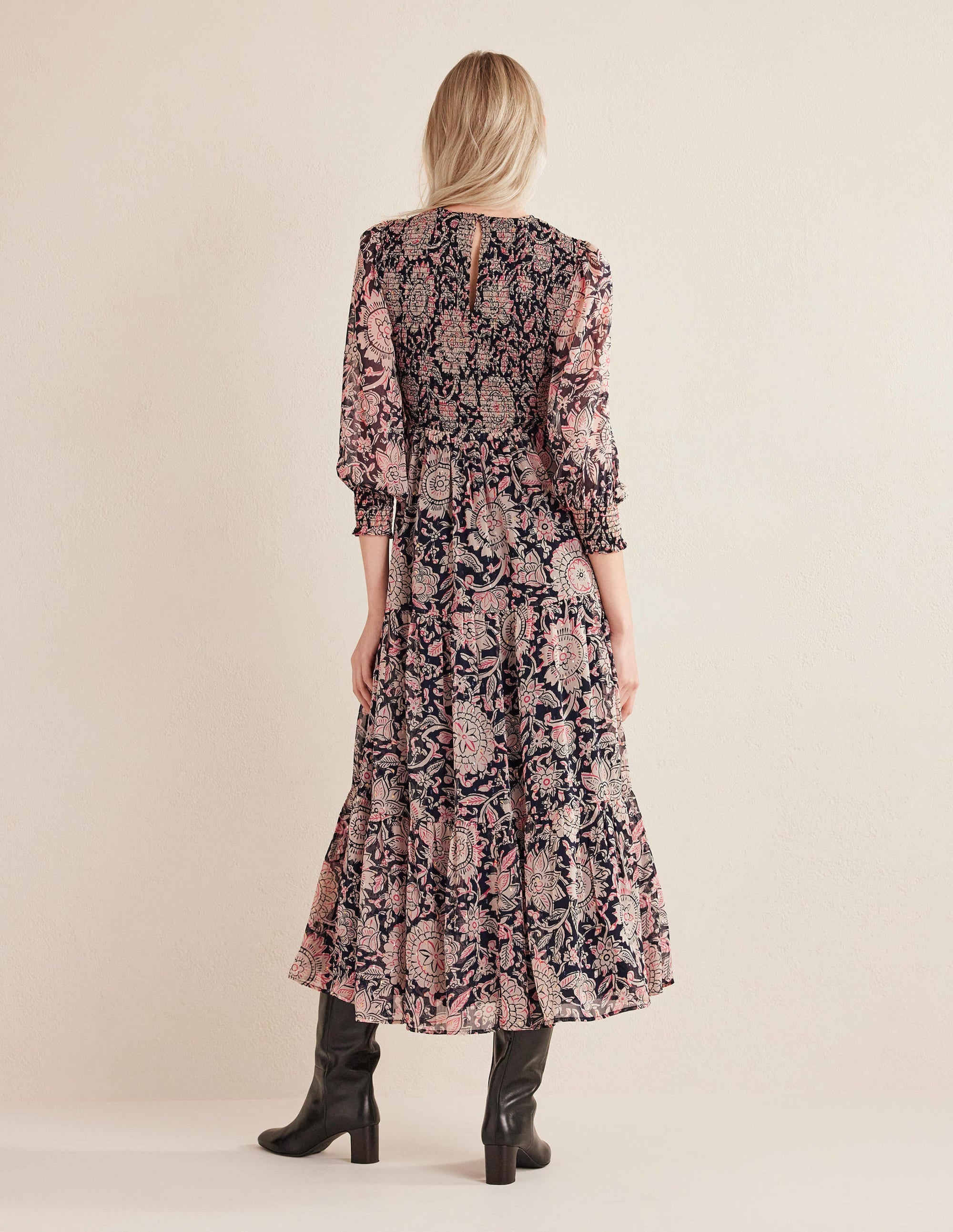 Robe longue métallisée à smocks-Popcorn, motif Floral Tapestry - Image 3