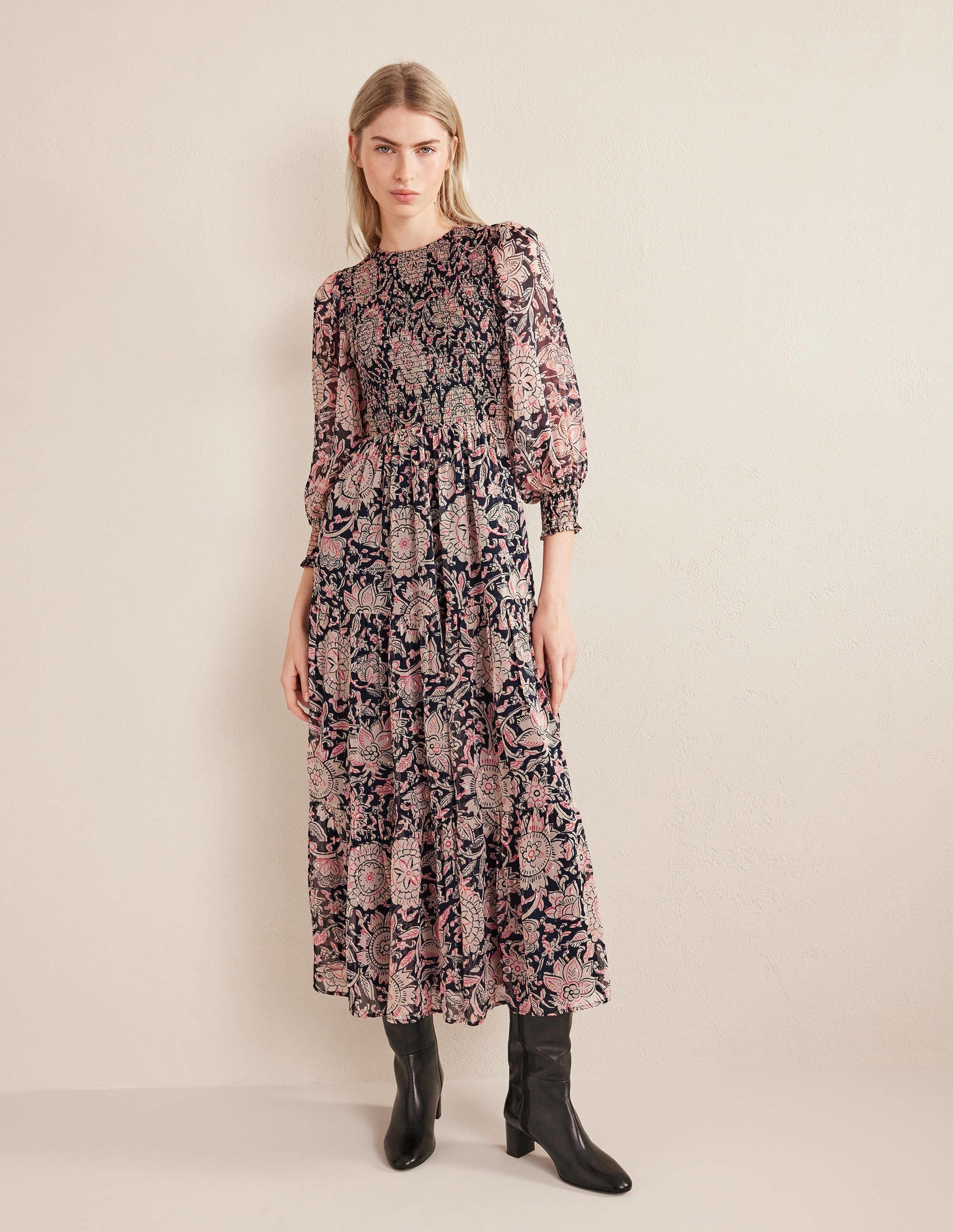 Robe longue métallisée à smocks-Popcorn, motif Floral Tapestry - Image 4