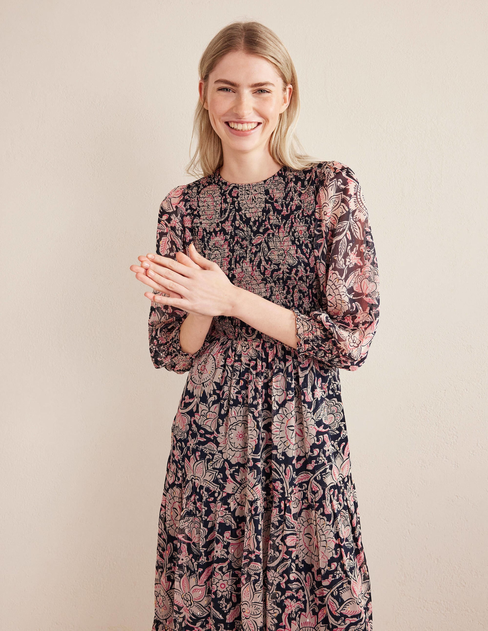 Robe longue métallisée à smocks-Popcorn, motif Floral Tapestry - Image 5
