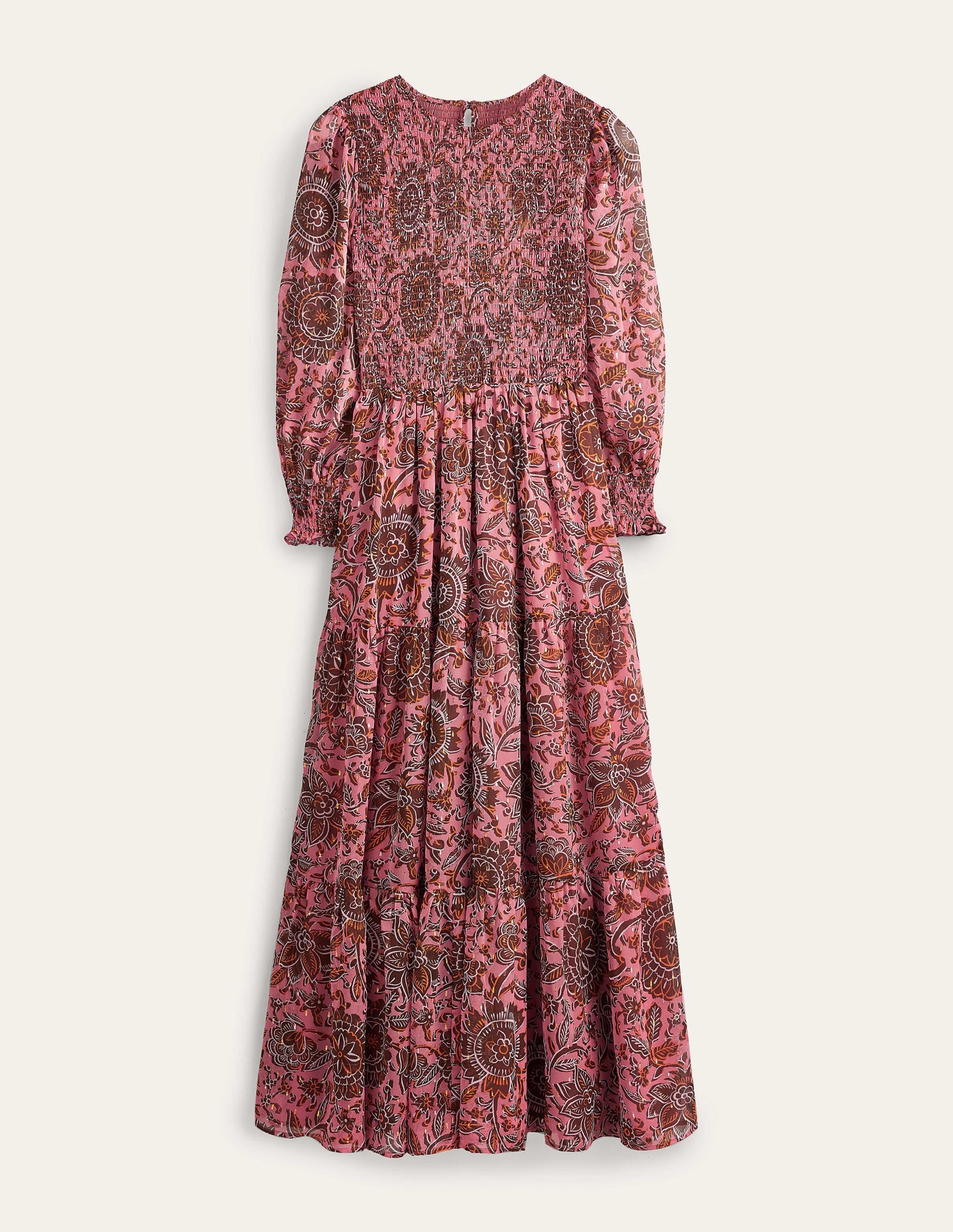 Robe longue métallisée à smocks-Rose délavé, tapisserie florale - Image 6