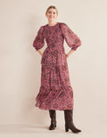 Robe longue métallisée à smocks-Rose délavé, tapisserie florale