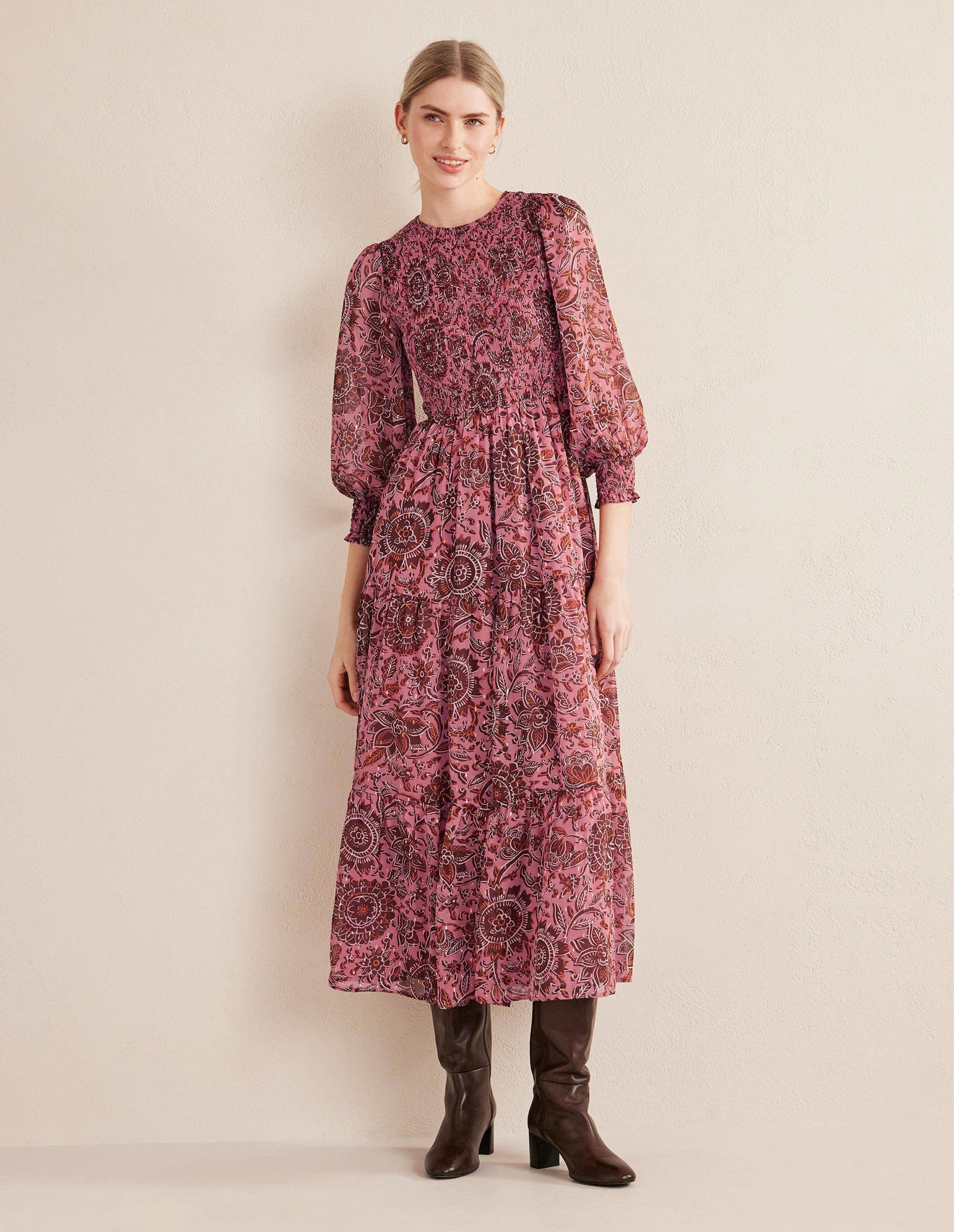 Metallic Smocked Maxi Dress-Faded Rose, Floral Tapestry-5