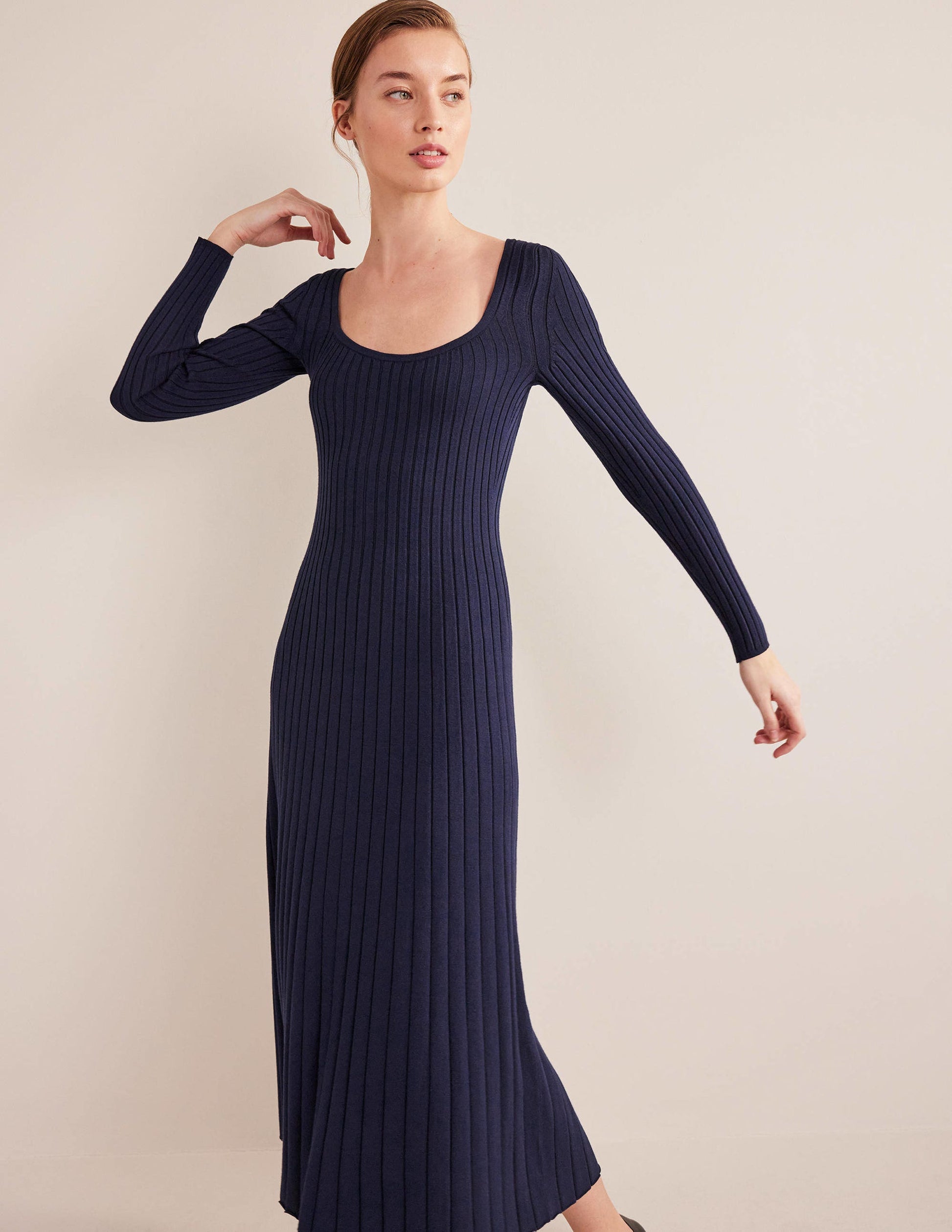 Robe côtelée à col U-Bleu marine-1