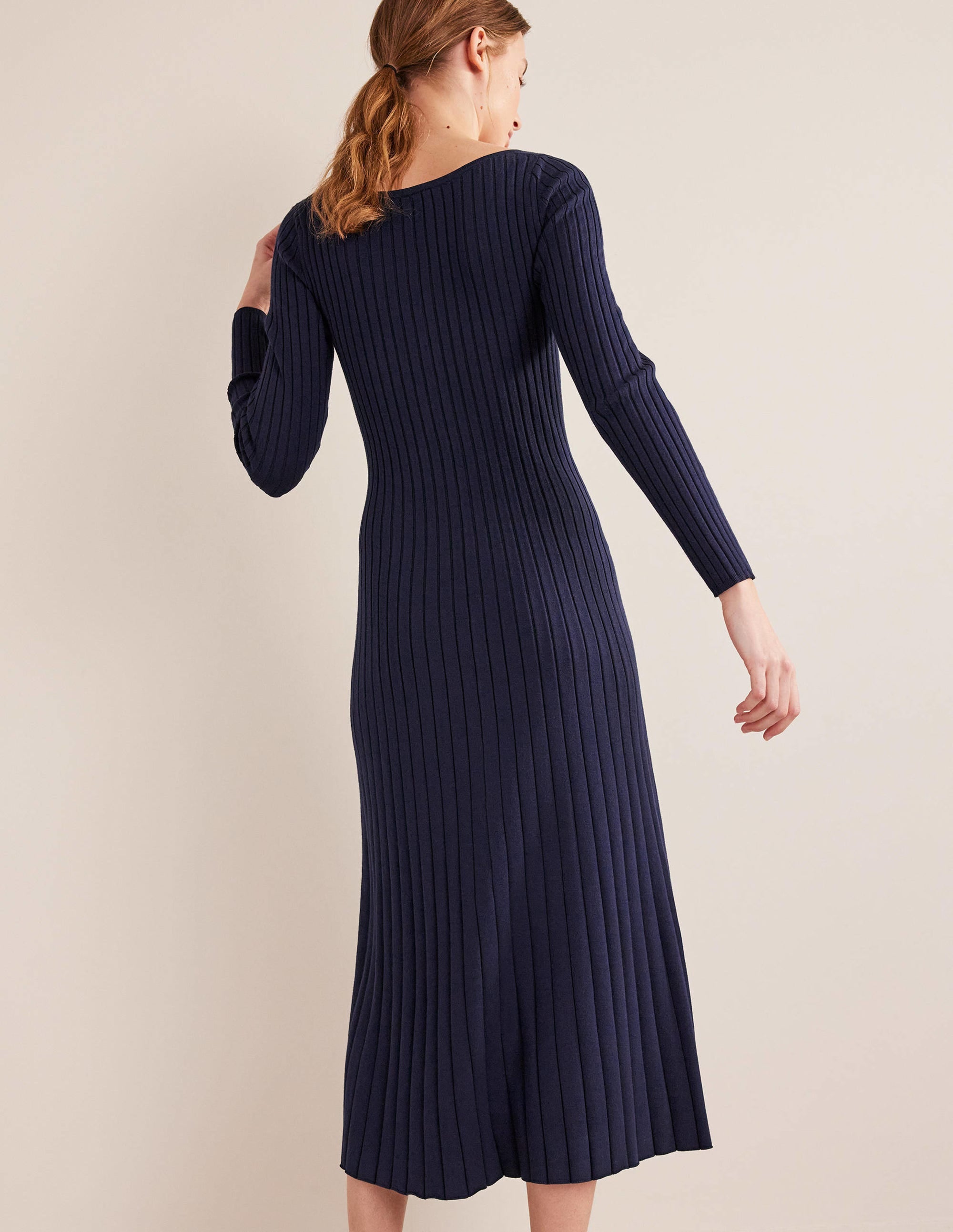 Robe côtelée à col U-Bleu marine - Image 3