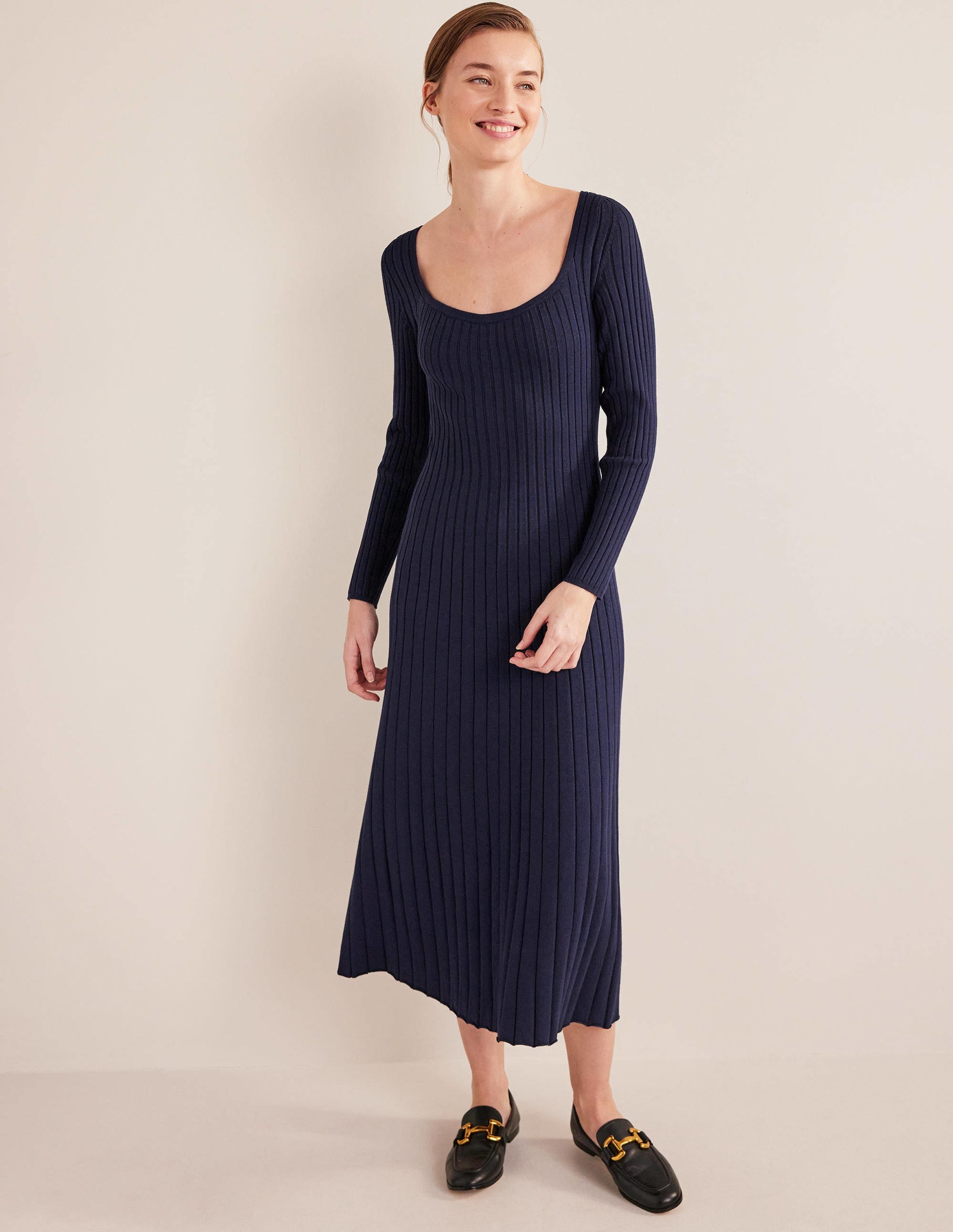 Robe côtelée à col U-Bleu marine - Image 4