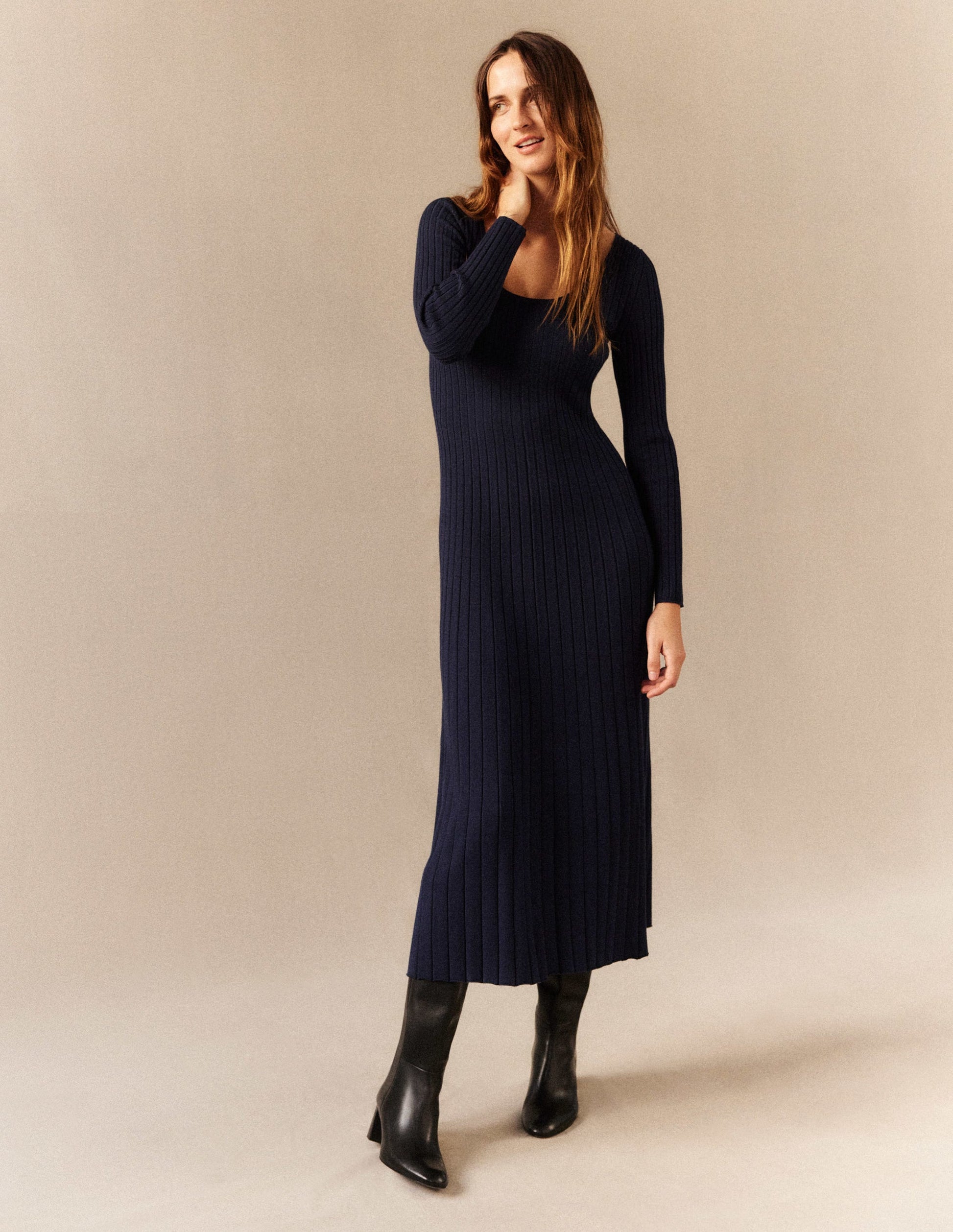 Robe côtelée à col U-Bleu marine-5