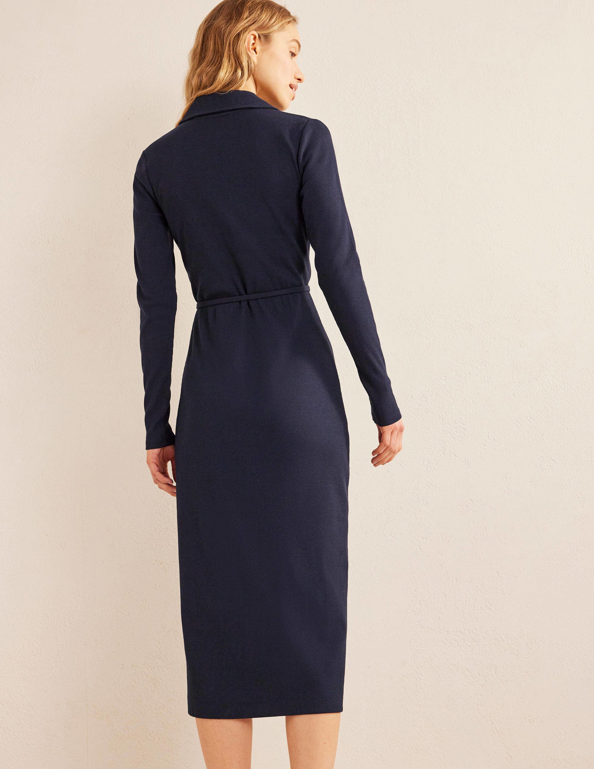 Jersey Ribbed Midi Shirt Dress-Navy - Image 3