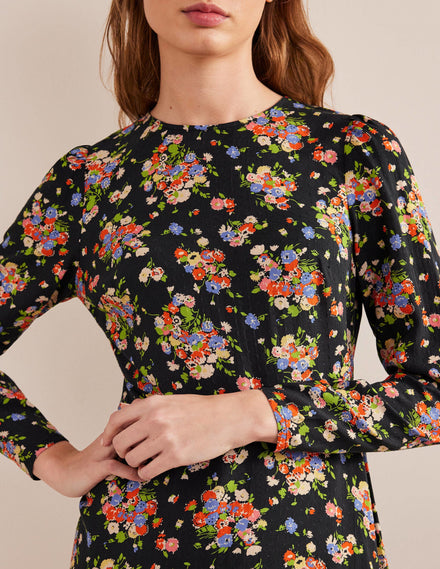 Ausgestelltes Kleid mit Rundhalsausschnitt-Schwarz, Wildblumen