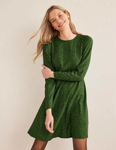 Ausgestelltes Kleid mit Rundhalsausschnitt-Parkgrün, Sonnenblumenmuster