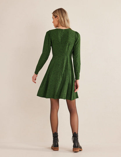 Ausgestelltes Kleid mit Rundhalsausschnitt-Parkgrün, Sonnenblumenmuster-3