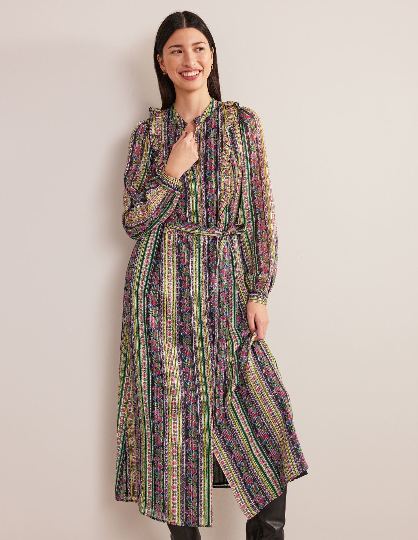 Metallic-Midikleid mit Rüschen-Bunt, Nelkenblüten