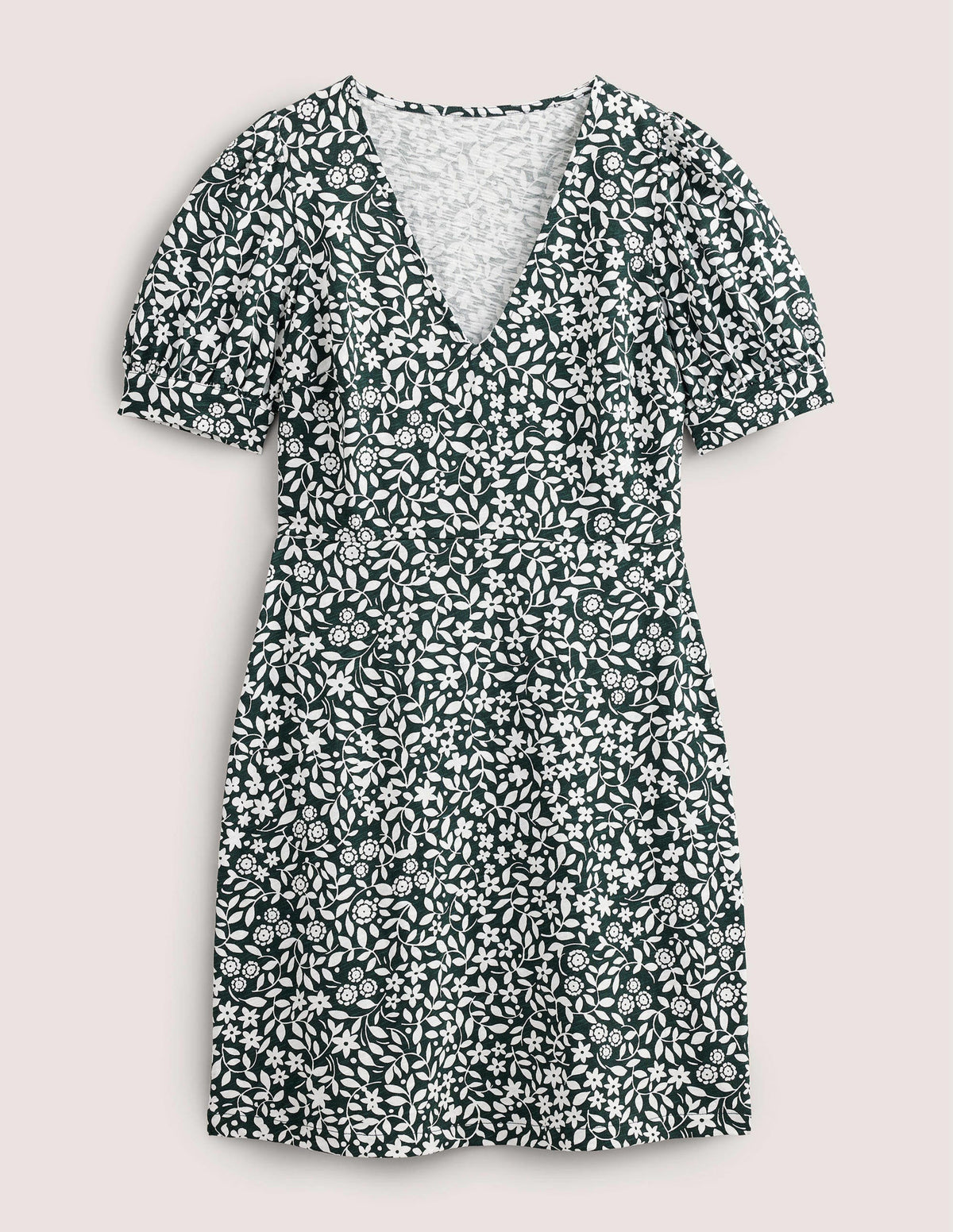 Jerseyminikleid mit V-Ausschnitt-Waldgrün, Sonnenblumenmuster - Image 7