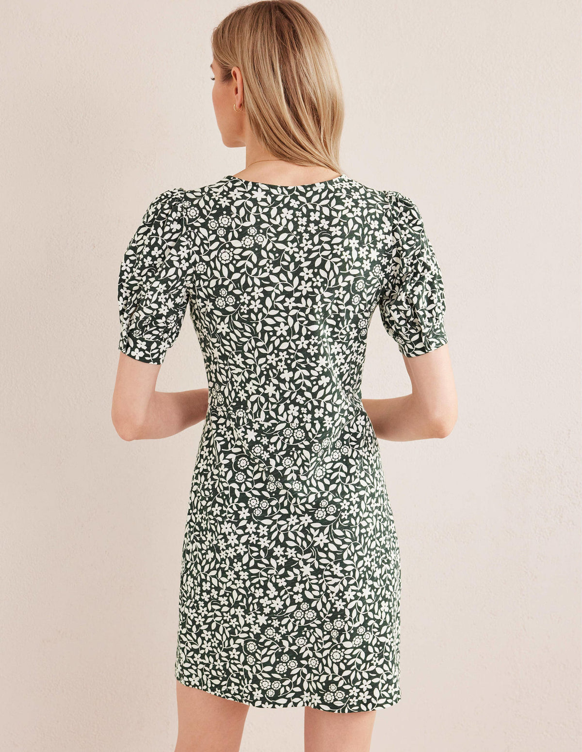 Jerseyminikleid mit V-Ausschnitt-Waldgrün, Sonnenblumenmuster - Image 3
