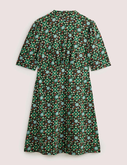 Jersey-Minikleid-Schwarz, Gardenien-Wirbelmuster