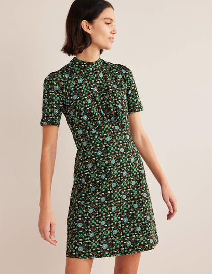 Jersey-Minikleid-Schwarz, Gardenien-Wirbelmuster