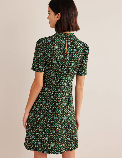 Jersey-Minikleid-Schwarz, Gardenien-Wirbelmuster