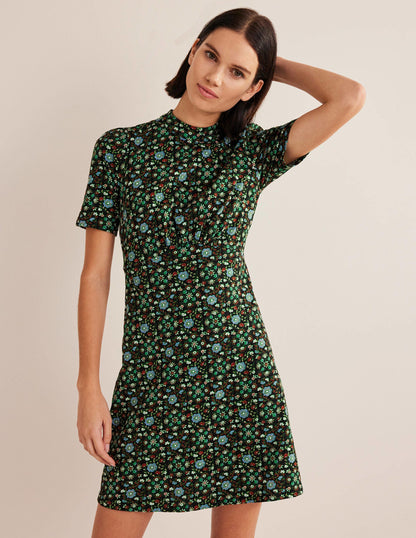 Jersey-Minikleid-Schwarz, Gardenien-Wirbelmuster