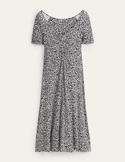 Gerafftes Midikleid aus Jersey-Schwarz, Knalliges Sonnenblumengelb