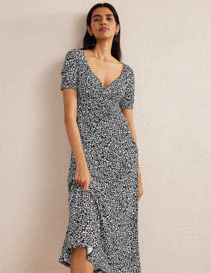 Gerafftes Midikleid aus Jersey-Schwarz, Knalliges Sonnenblumengelb