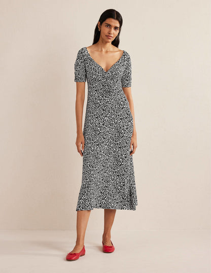 Gerafftes Midikleid aus Jersey-Schwarz, Knalliges Sonnenblumengelb