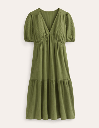 Midikleid aus Jersey-Seersucker-Dezentes Khaki