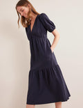 Robe midi en jersey seersucker-Bleu marine