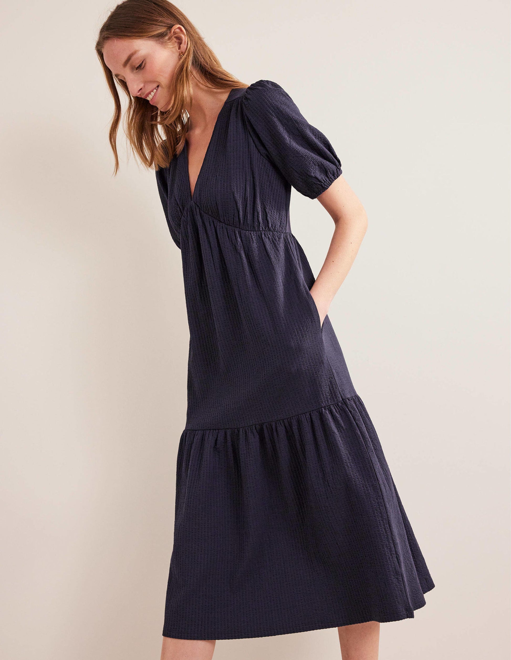 Robe midi en jersey seersucker-Bleu marine-1