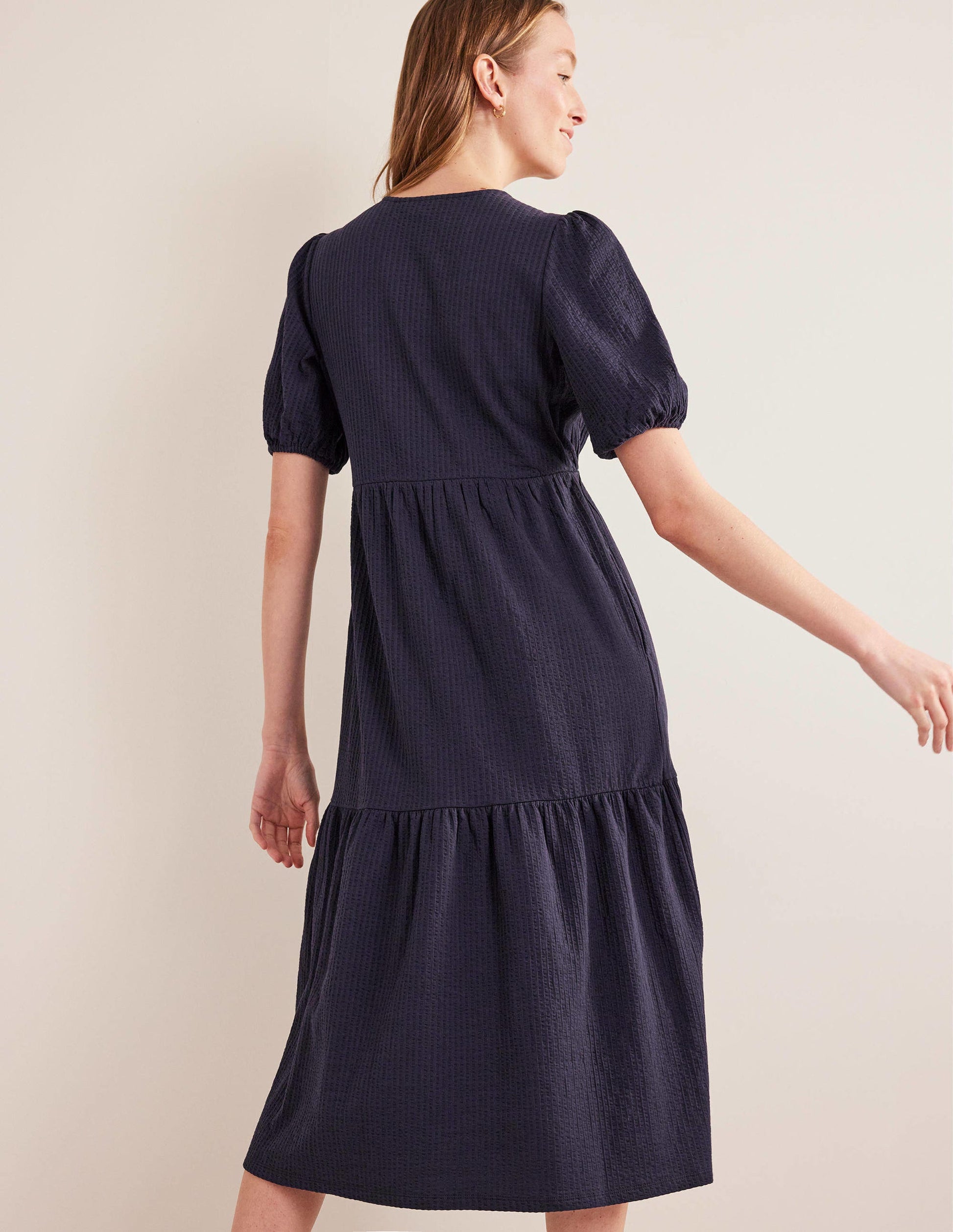Robe midi en jersey seersucker-Bleu marine-3