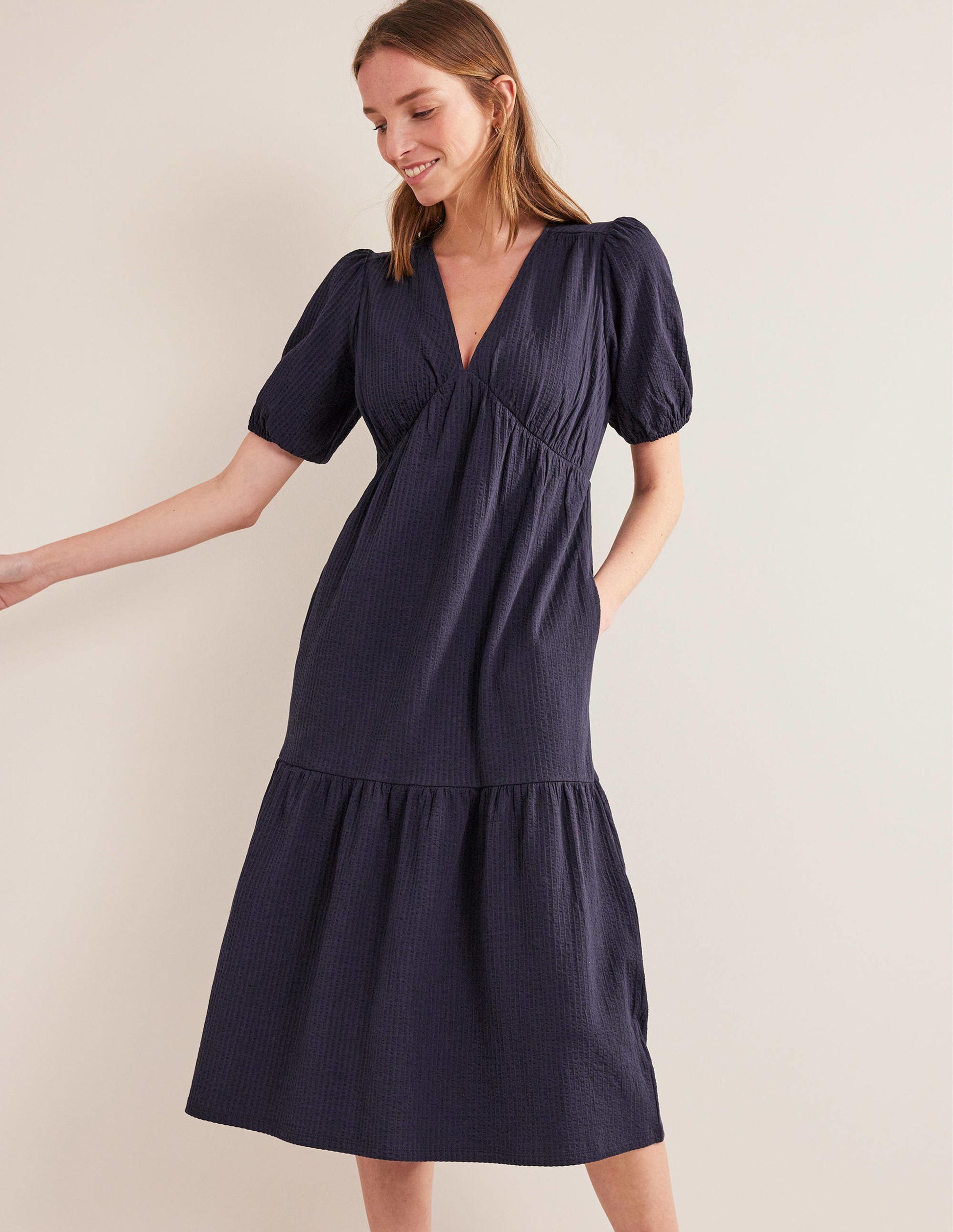 Robe midi en jersey seersucker-Bleu marine-4