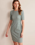 Jerseykleid mit Rundhalsausschnitt-Ägäisches Blau, Sonnenblumenzweig