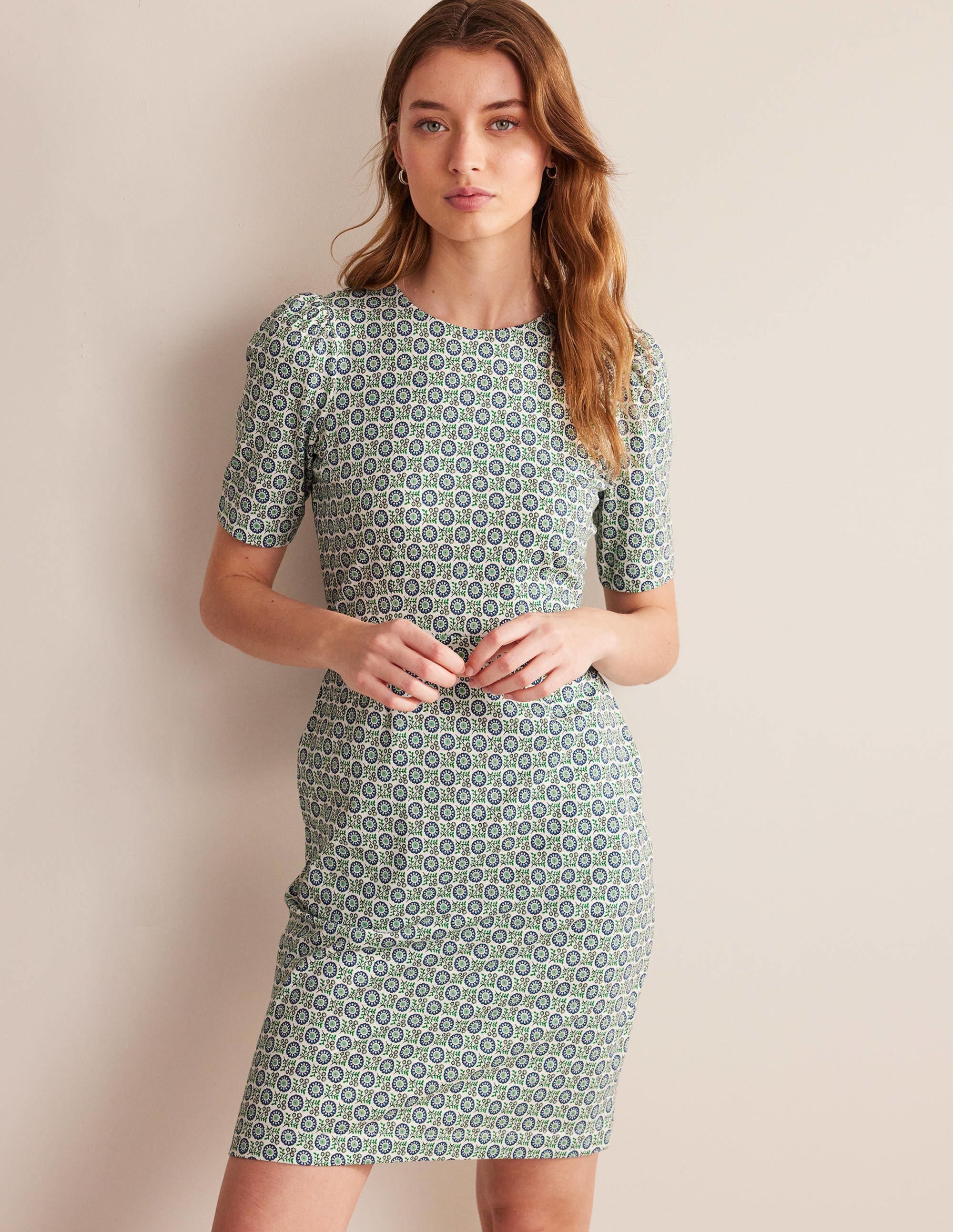 Jerseykleid mit Rundhalsausschnitt-Ägäisches Blau, Sonnenblumenzweig - Image 4
