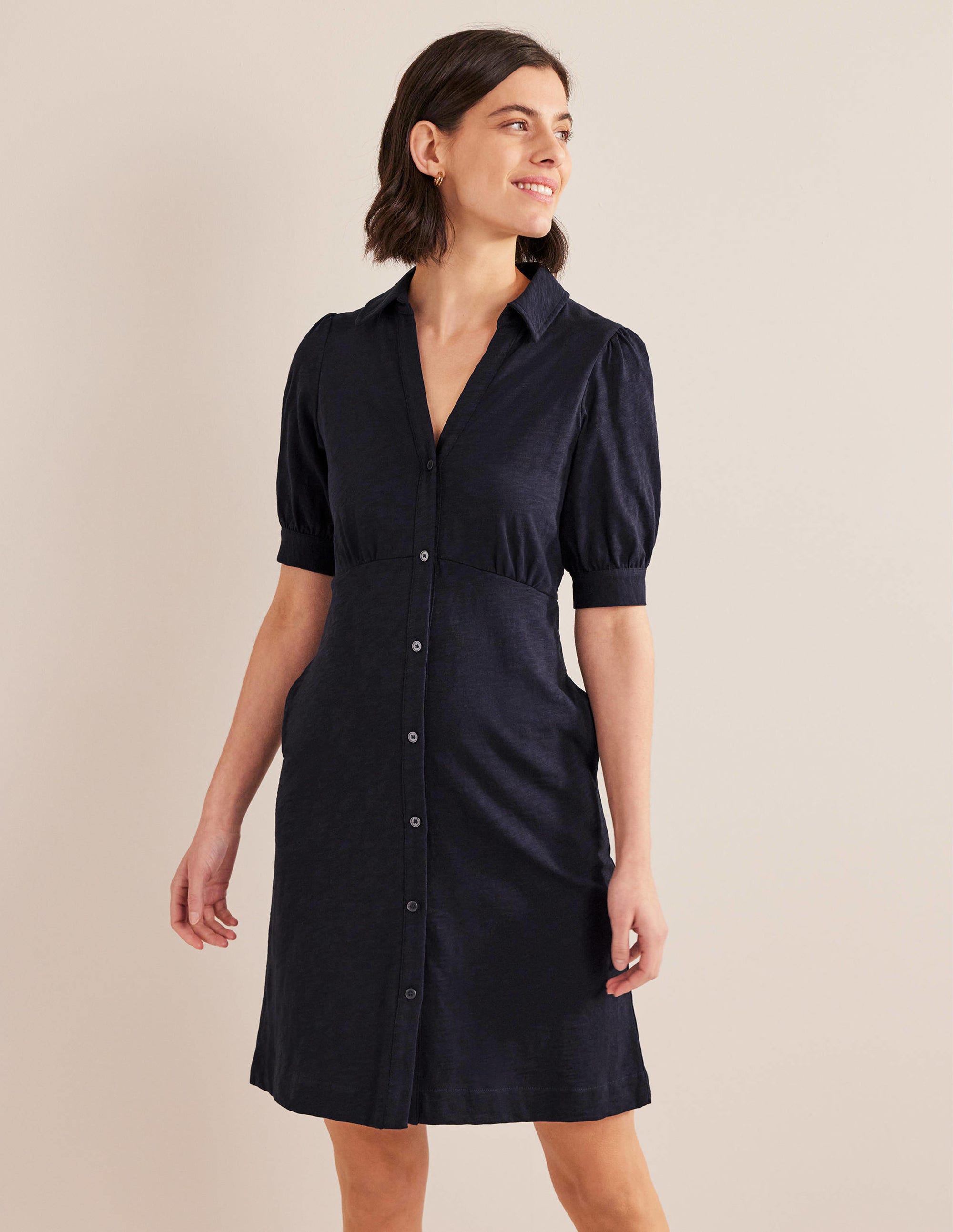 Mini-robe boutonnée style 40s-Bleu marine - Image 1